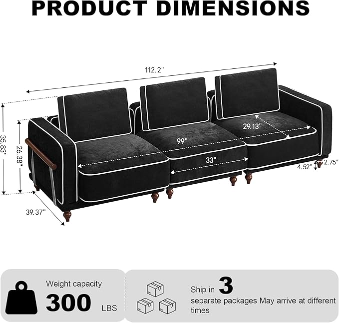 112 Cloud Modular Sectional SofaOversized Deep 3 Seater Couch with Armrests Wooden LegsComfy Thicked Cushion Upholstered Sofa for Living Room BedroomBlack
