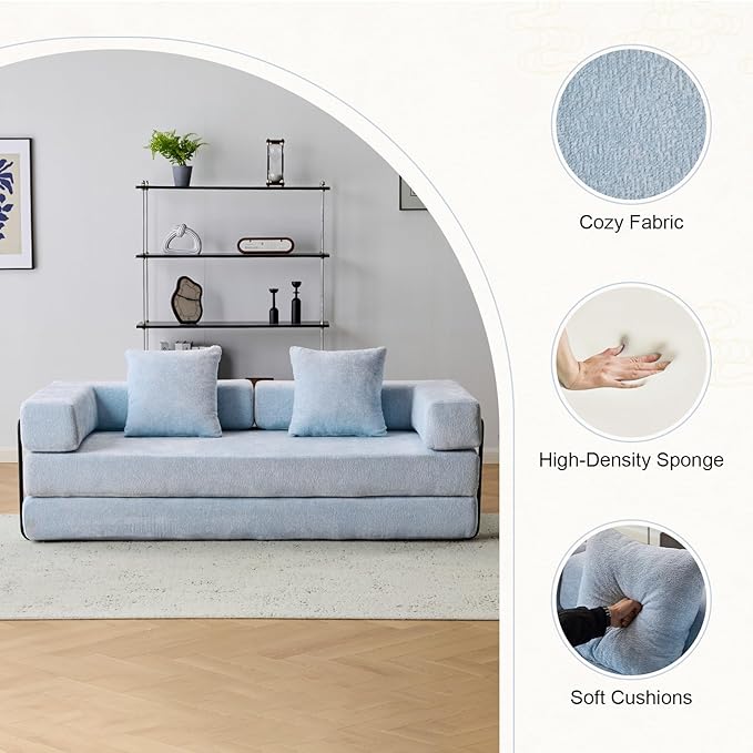 Folding Sofa Bed Modular Sectional Cloud Couch Convertible Sleeper Sofa Bed with Pillow Back Support Armrest for Living Room Bedroom Lounge No Assembly Required Chenille(Light Blue)
