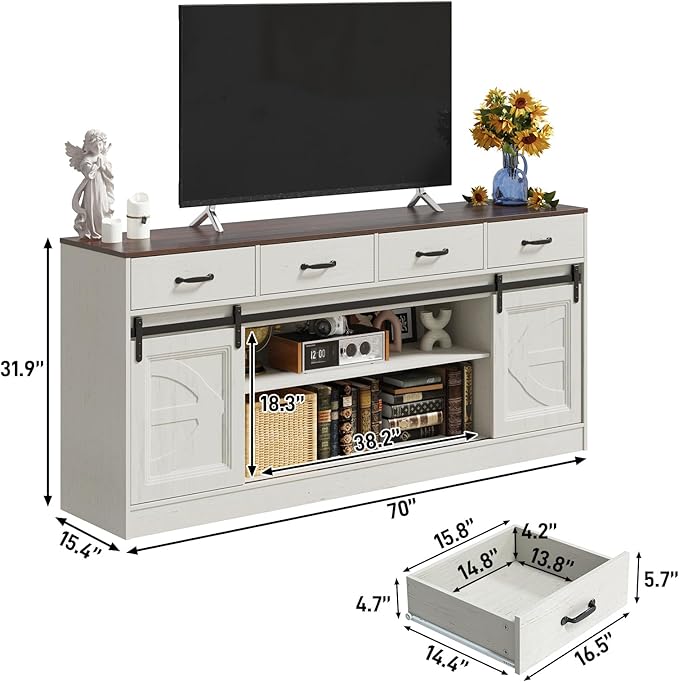 St.Mandyu 70 Large Farmhouse TV Stand for 85/80/75/70 Inch TVs w/4 DrawersRustic Tall Media Console w/Sliding Barn Door Adjustable ShelvesTall Entertainment Center for Living RoomWhite