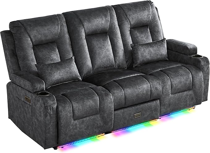 Houjud Wall Hugger Power Recliner Sofa 3-Seater RV Couch Reclining Sofa with LED Lights USB Ports Cup Holders Side Pockets Outlets Drawer for Living Room and Home Theater Velvet Grey