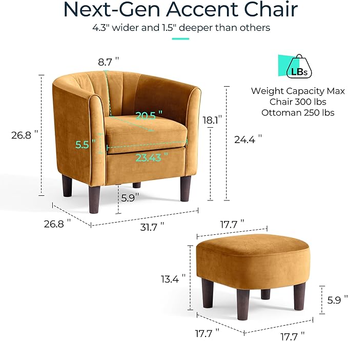LINSY Accent Chair with Ottoman Modern Armchair Comfy Barrel Reading Chair with Footrest for Living Room Bedroom Reading Room Velvet Yellow