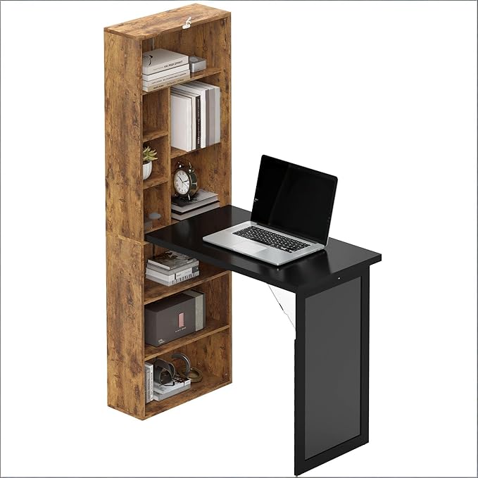 Folding Desk - Foldable Convertible Writing Table with Storage Wall Mount Fold Out Table Cabinet with Blackboard and Shelves for Home Offices Studies or Any Room (Rustic)