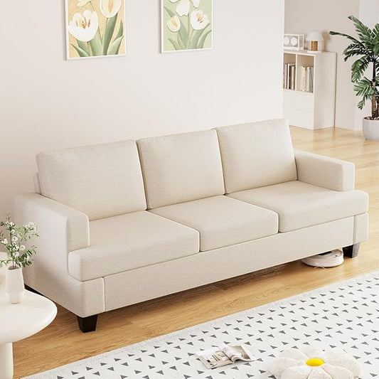 Furnimart 85 inch Deep Seat Sofa Modern 3 Seater Couch Beige Linen Sofa Comfy Cloud Couch for Living Room Cozy Fluffy Sofas with Removable Sofa Cover Small Couches for Small Spaces