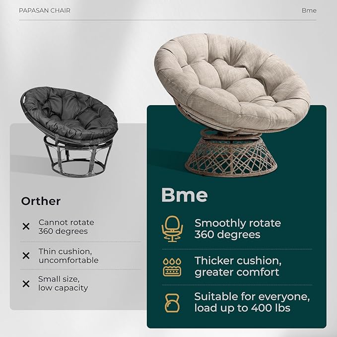 Bme 40 Ergonomic Wicker Papasan Chair with Soft Thick Cushion &amp Frame 360° Swivel Circle Reading Comfy Chair for Living Room Bedroom