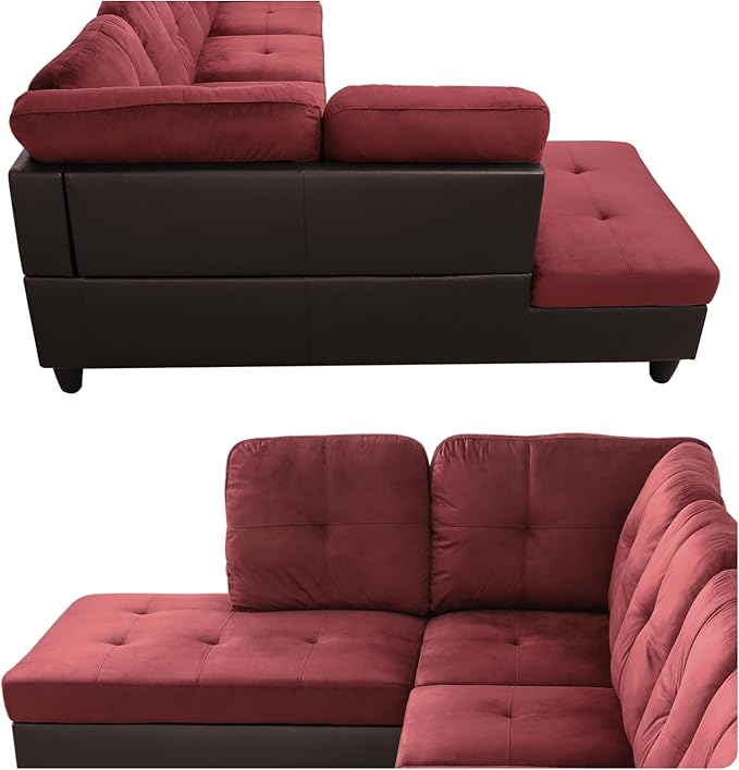 103.5 Inch Modern L-Shaped Couch Flannel Sectional Sofa with Chaise Lounge 4-Seater Couch with Accent Pillows for Living Room Apartment Red