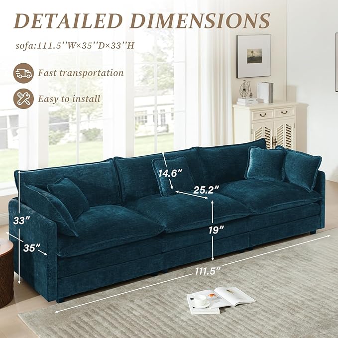 SoarFlash Chenille Sectional Sofa Comfy Modular Loveseat Sofa Modern 3-Seat Couch Deep Seat Sofa Set for Living RoomDeep Blue
