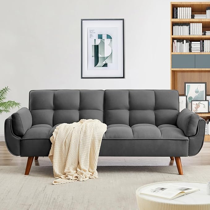 Convertible Futon Sofa Bed Linen Sleeper Couch 75 W Modern 3 Seater Tufted Sofa with Solid Wood Legs and Adjustable Backrests for Small Spaces Living Room Bedroom Dark Gray