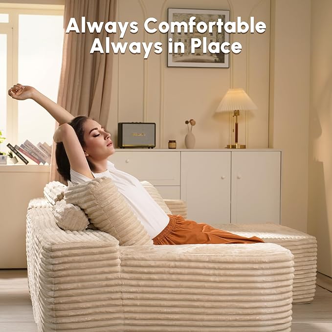 106 Cloud Sectional Couch with Comfy Chaise and OttomanPlush Corduroy Boneless Couches for Living RoomU Shaped Sofa in A Box No Assembly RequireBeige