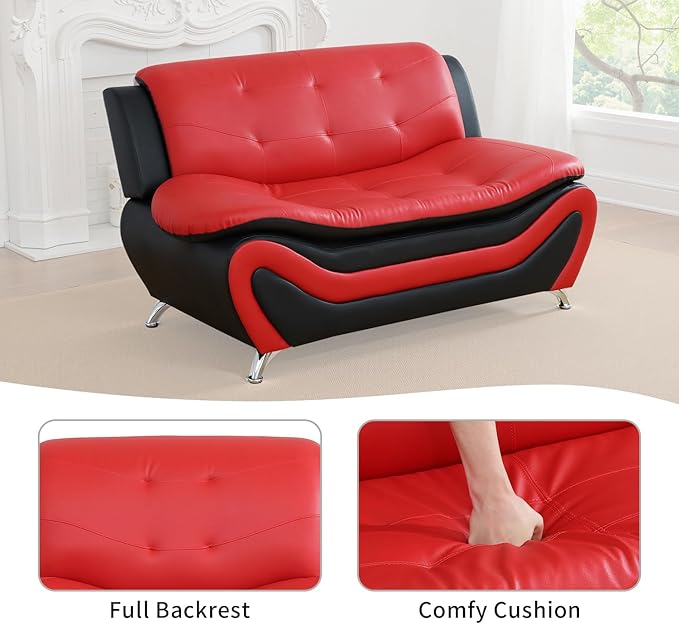 Leather Couch SetLeather Sectional Sofa for Living Room Furniture Sets Loveseat Sofa 1-Piece for Living Room/Office/Bedroom/Apartment(Red &amp Black)