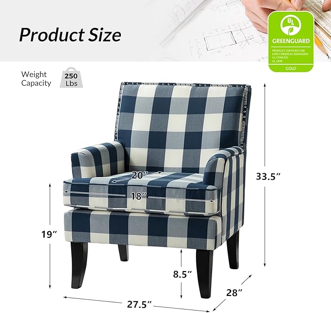 HULALA HOME Modern Accent Chairs Set of 2 Farmhouse High Back Buffalo Plaid Chairs with Wooden Legs &amp Nail Head Trim Comfy Upholstered Armchairs for Living Room/Bedroom (Buffalo Navy)