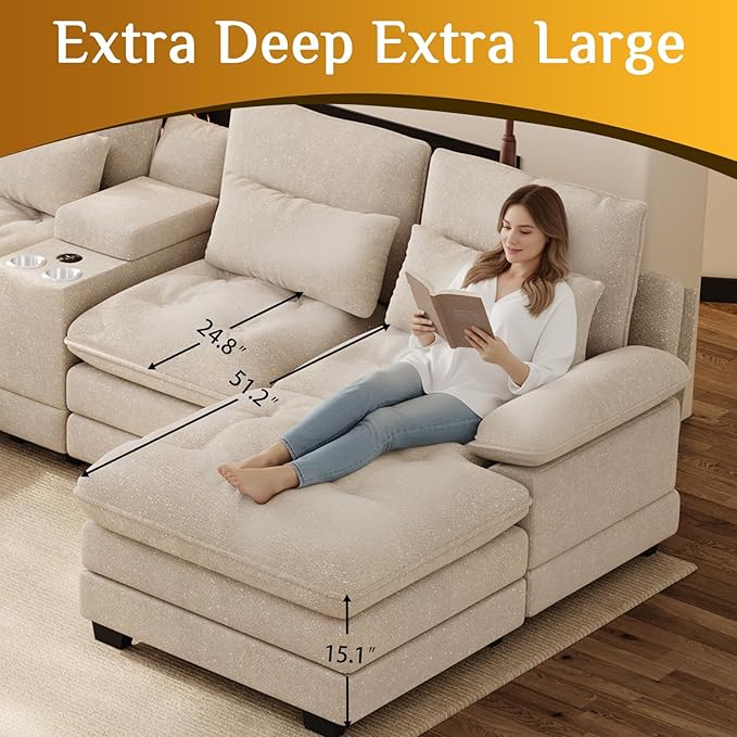134 Oversized Brown Sectional Couches for Living Room with Glitter Fabric Fluffy Couch with Chaise Lounge&ampTufted Buttons U Shaped Sofa Set Chenille 6 Seater Couch with 2 Ottoman &amp Storage