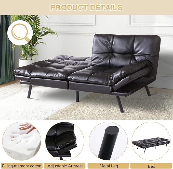 MUUEGM Futon Convertible Sofa Bed Memory Foam Sleeper CouchModern Loveseat for Living RoomAdjustable Armrests Backrest Sofabed BlackFaux Leather.