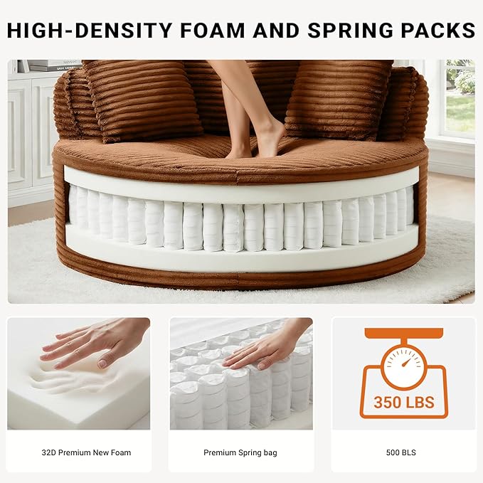 54-inch Oversized Round Chaise Longue Chair Indoor Modern Upholstered Corduroy Deep Seat Circle Cloud Chair Single Boneless Reading Chair for Living Room Bedroom Apartment Orange