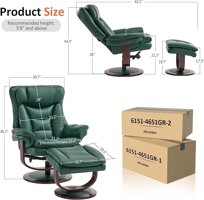 MCombo Oversized Swivel Recliner Chair with Ottoman Adjustable Backrest 360° Wood Base High Seat Faux Leather Lounge Chair for Tall Users in Living Room Bedroom or Office 4651 (Green)