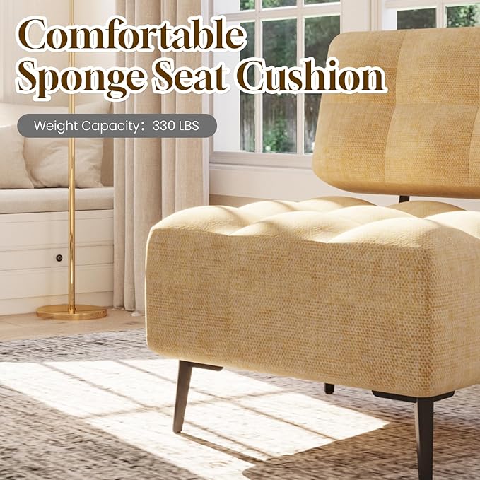 EROMMY Accent Chair Armless Mid Century Modern Chair with Thick Cushion &amp Metal Legs Polyester Leisure Chair Comfy Side Corner Chairs for Living Room Bedroom Study Room Entryway (Yellow)