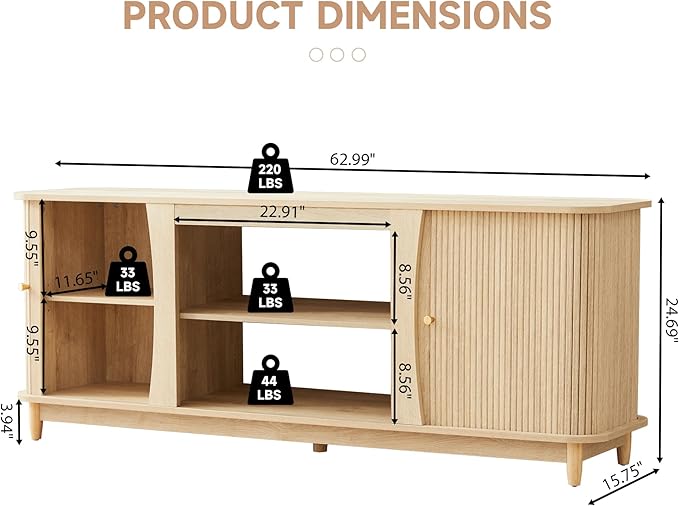 TV Stand Fluted Media Console Table with Storage and Sliding Door Farmhouse Entertainment Center for Living Room Home Office (Natural-No Fireplace)