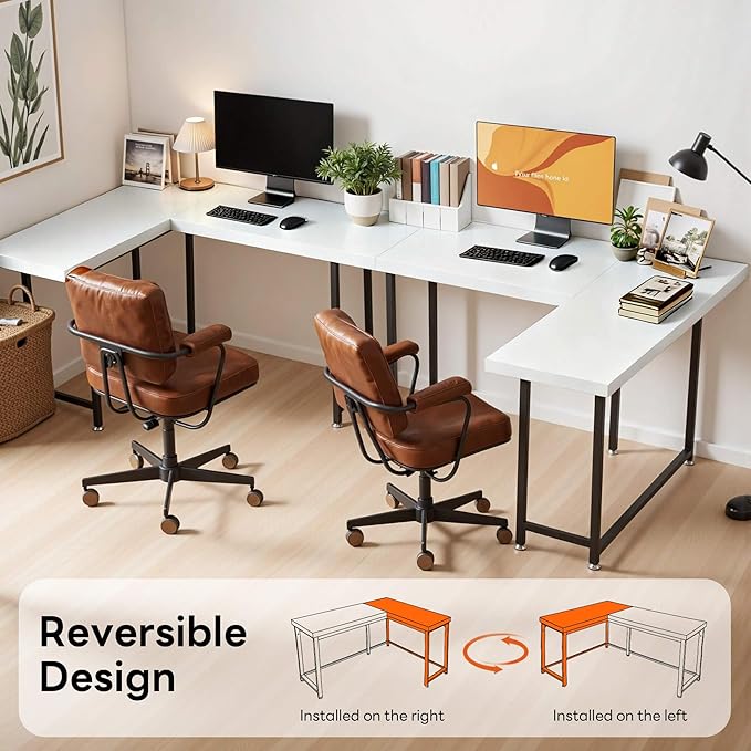 ivinta L Shaped Desk Modern Corner Home Office Computer Desk with 2 Thicker Desktop for Study Work Simple Reversible Worksation with Metal Frame for Bedroom Living Room Novas (White)