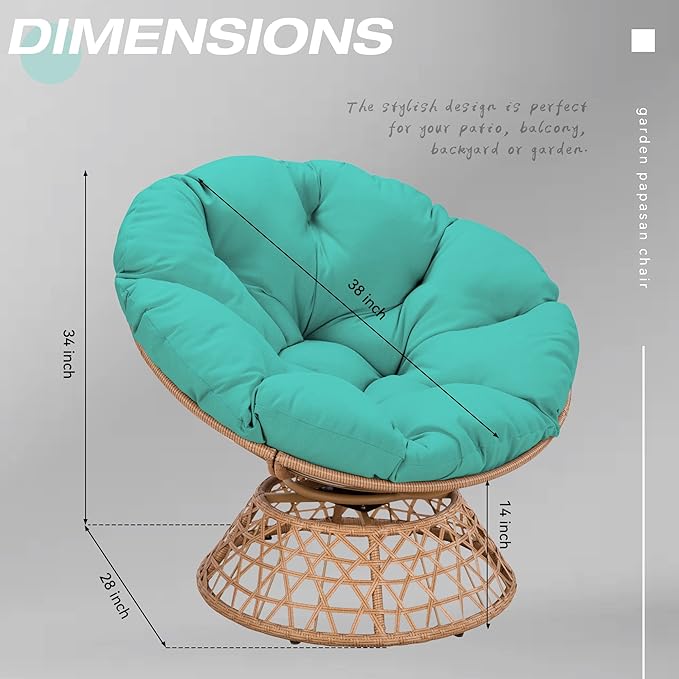 38'' 360 Degree Swivel Wicker Papasan Chair with Cushion and Base - Thickened Rattan Swivel Papasan Chair with Soft Cushion and Durable Frame Oversized Reading Chair for Living Room Teal