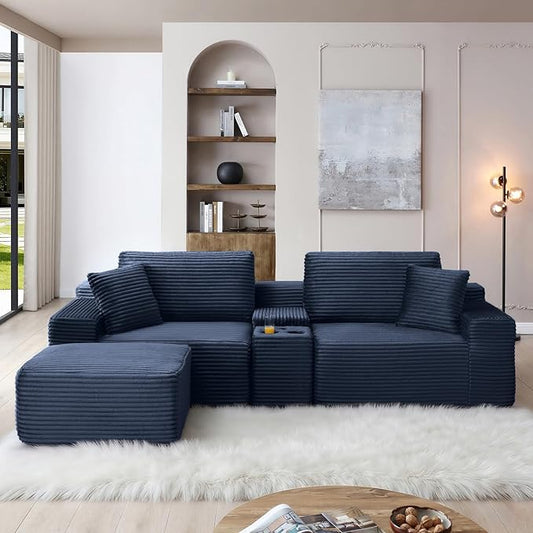 Oversized Modular Sectional Couch Corduroy Deep Seat Cloud L-Shaped Couch with Cup Holders USB Port &amp Storage Box Upholstered Floor Memory Foam Boneless Sofa for Living Room Bedroom(111 W Bl