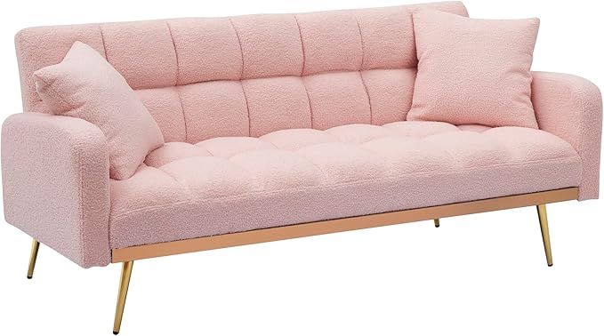Convertible Futon Loveseat Couch Reversible Loveseat Folding Daybed Guest Bed Tufted Teddy Fleece Upholstered Convertible Sleeper Sofa Bed with Golden Metal Legs and 2 Pillows for Living Room Office