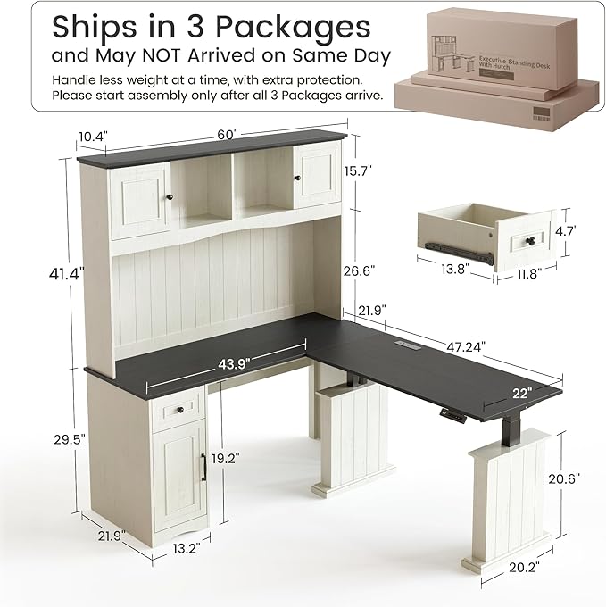 BANTI 60 Adjustable L Shaped Executive Desk with Hutch and Storage Cabinet Farmhouse Computer Desk with Charging Station Reversible Home Office Workstation Antique White