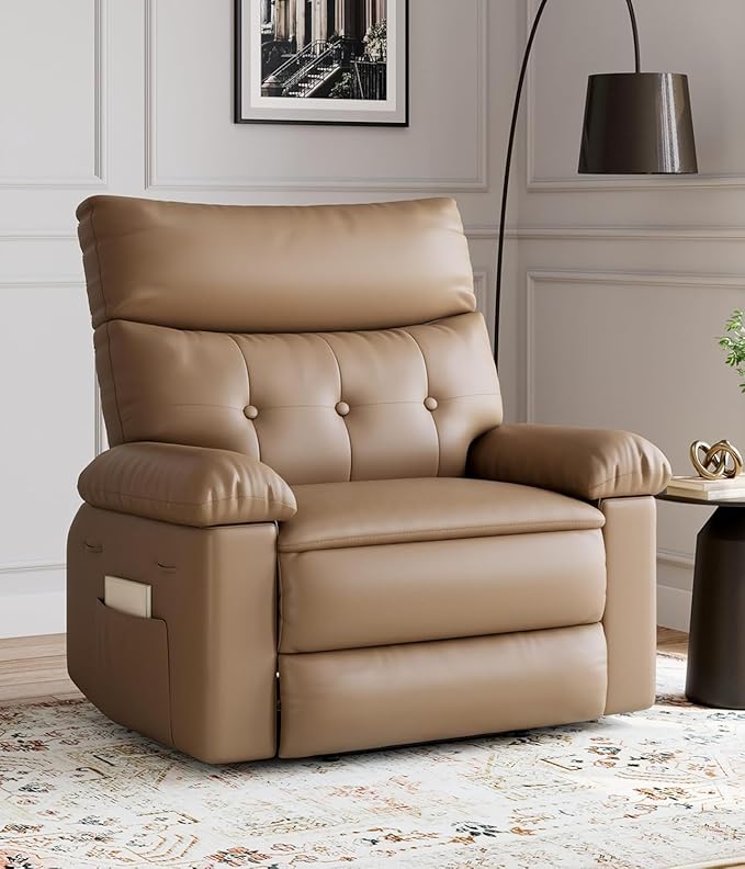 Regular Manual Recliner Chair for Adults PU Leather Comfy Reclining Chair with Overstuffed Arms &amp Back Side Pocket Modern Single Sofa for Living Room BedroomKhaki