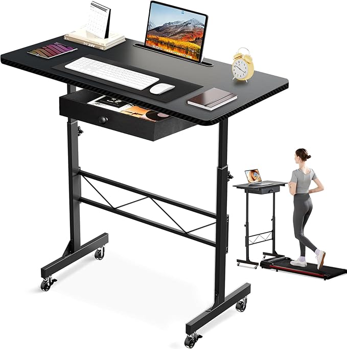 GTPLAYER Small Standing Desk Adjustable Height Small Computer Desk Mobile Portable Rolling Laptop Table with Wheels 32 Computer Workstation Sit Stand Desks Portable Standing Table Treadmill desks