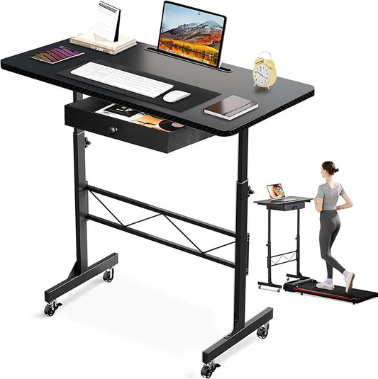GTPLAYER Small Standing Desk Adjustable Height Small Computer Desk Mobile Portable Rolling Laptop Table with Wheels 32 Computer Workstation Sit Stand Desks Portable Standing Table Treadmill desks