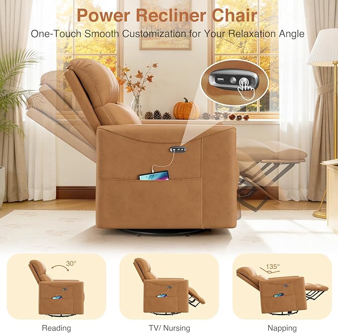 Kidirect Power Swivel Rocker Recliner 360° Swivel Recliner Chairs for Nursery Pu Leather Power Recliner Chair with USB Port and Side Pocket Electric Glider Rocking Chair for Living Room