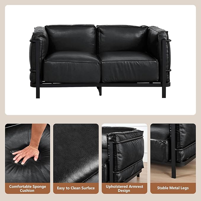 2 Piece Living Room Sofa set Mid-Century Modern Upholstered Couch Chair Faux Leather Sofa Couch with Iron Frame and Upholstered Armrest Backrest Cushion for Living Room Office Apartment (Black)