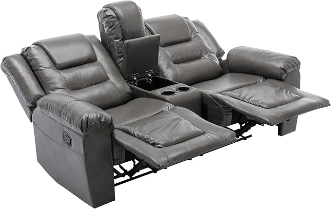 Leather Reclining Sofa SetHome Theater Seating with Center Console Storage Cup Holders 2 Seater for Living RoomOfficeHome TheaterRV. Loveseat(Grey)