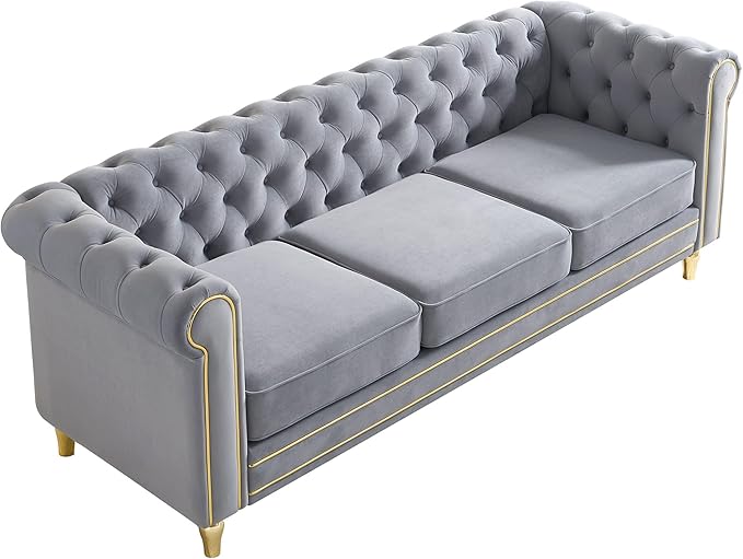Homtique Modern Sofa Couch 3 Seater Couch Comfy Velvet Sofa with Button Tufted Rolled Arms and Gold Legs for Living Room Home Studio/Office Bedroom Grey