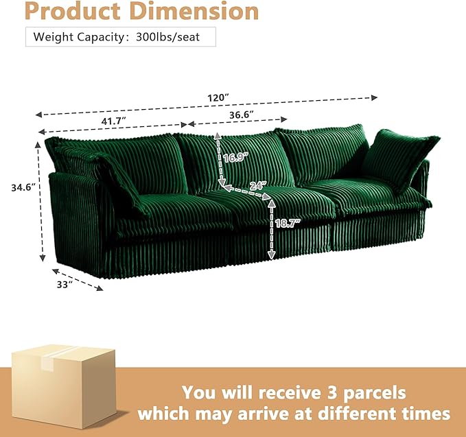 Aoowow Oversized Modular Sectional Sofa 120” Corduroy Comfy 3-Seat Sofa Couch Upholstered Deep Seat Couches with Big Toss Pillows for Living Room Apartment OfficeGreen-Corduroy