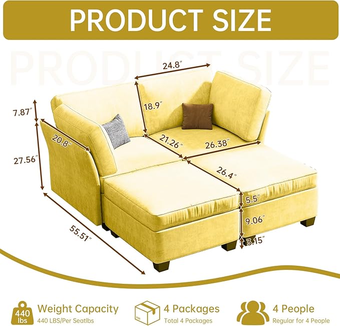 Modern Sofa Modular sectional Cloud Couch with 2 Ottomans 6-seat Chenille deep-seat with Storage and 6 Pillows for Living Rooms bedrooms and Apartments (Yellow 2Seater+2Ottoman)