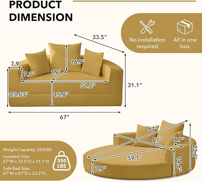 Round Boneless Couch Corduroy Upholstered Folding Convertible Sofa Bed with Pillows 2-in-1 Futon Sofa Bed with Half-Circle Design Comfy Loveseat for Living Room Apartment (Yellow)