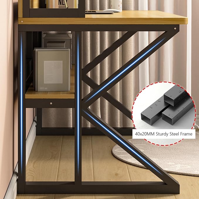 Computer Desk with Storage Shelves and Bookshelf Industrial Desk with Sturdy Metal Frame Solid Wood PC Table Workstation for Home Office(31 W x 69 H x 23.6 D White &amp Black)