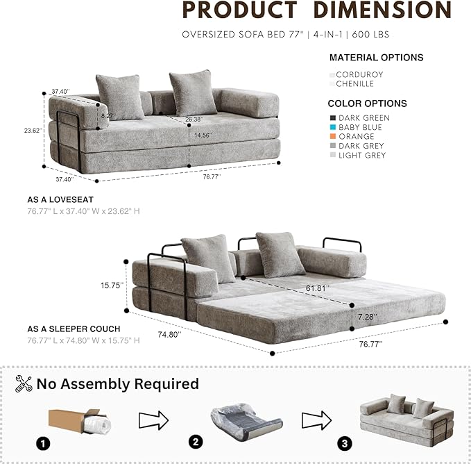 Alpen Convertible Sleeper Sofa Bed 77 Sofa Bed Full Size with L-Shaped Armrests Pull Out Sofa Beds Queen Size Couches for Small Living Room for Living Room Bedroom Light Grey