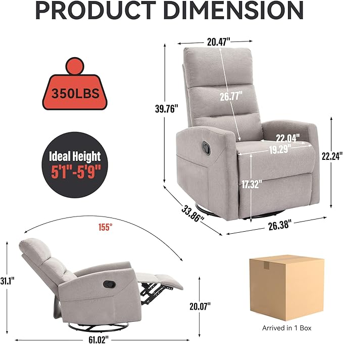Slim Swivel Rocking Chair Recliners with PocketsLazy Boy Recliners for for AdultsSmall Recliner Chair for Small Spaces Manual Reclining Chairs for Living Room Bedroom Adjustable Backrest (Grey2)