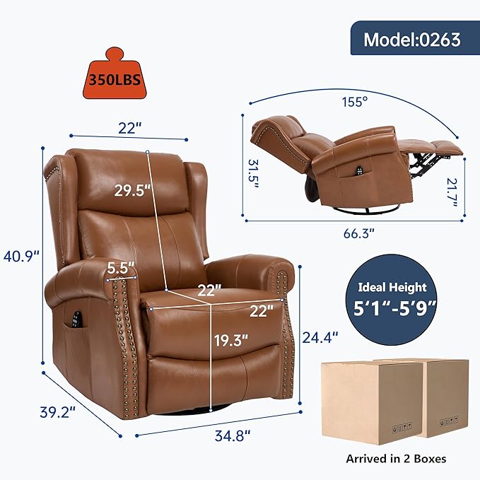 PELUMY Genuine Leather Swivel Rocking Recliner Chair for Adults 360° Swivel Glider Rocker with Heat &amp Vibrating Massage Lounge Chair for Living Room Bedroom Nursery (Earth Yellow)