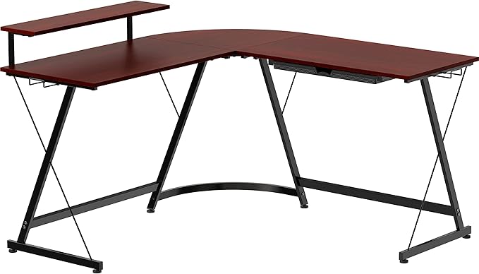 SHW 51 x 51 Inches Vista L-Shaped Desk with Monitor Stand and Drawer Cherry