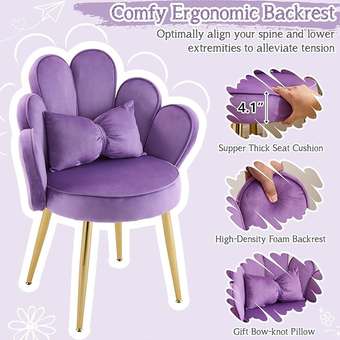 VINGLI Petal Makeup Vanity Chair with BackFlower Cute Girls Desk Chair Comfy No WheelsModern Dining ChairSmall Accent Chair with Adustable Gold Legs&ampBow Pillow for Home OfficeBedroomVelvetPu