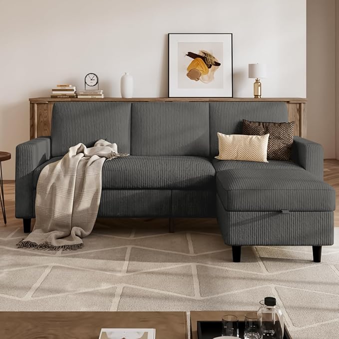 Sectional Couches for Living Room L Shaped Couch with Storage Ottoman Small Sofa Corduroy Couch with Side Pockets Modern 3 Seater Convertible Sofa for Apartment Office Dark Grey