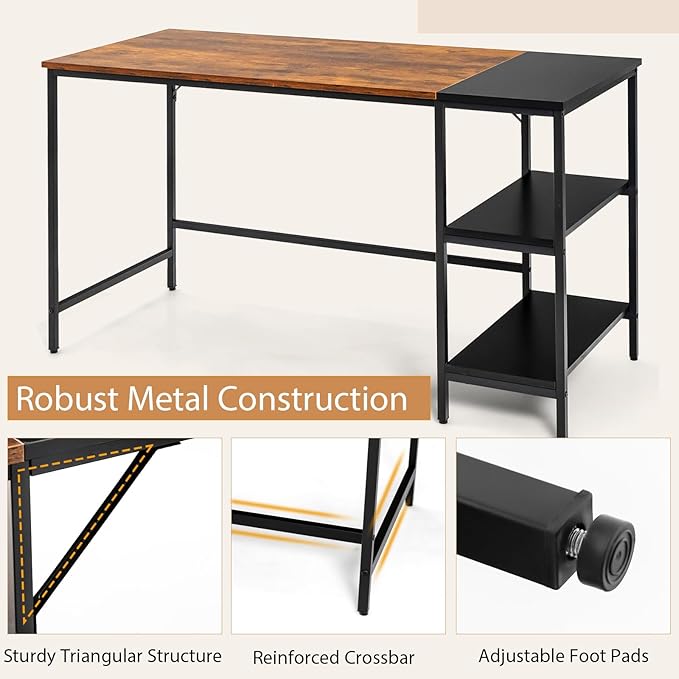 Computer Desk 55’’ Gaming Desk w/Storage Shelves Steel Frame &amp Adjustable Feet Wood Office Table Large Writing Desk for Bedroom Study Home Office (Rustic Brown 55''W)