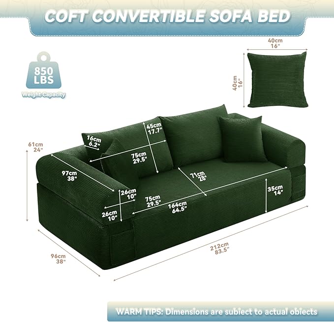 3 Seater Sofa Couch for Living Room (Green 38 D + 4 Pillows)