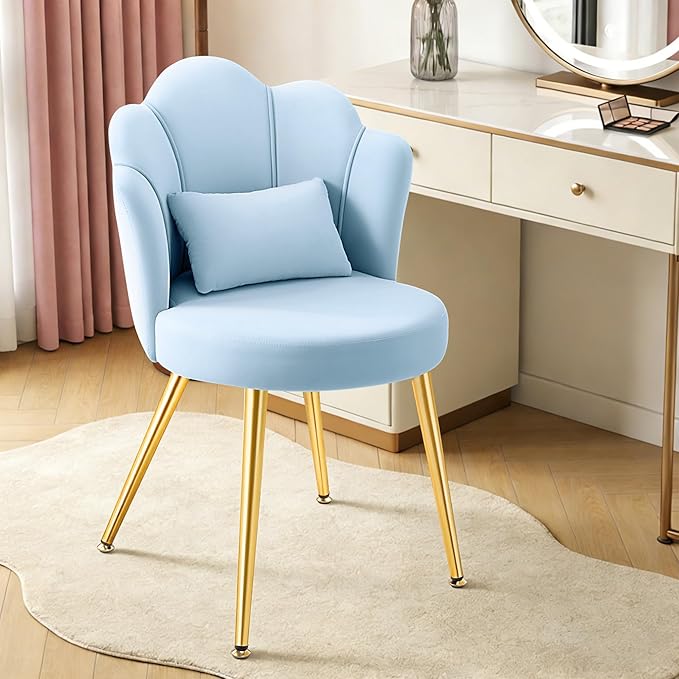 Petal Makeup Vanity Chair with Back Flower Chair Comfy No Wheels for Girls Women Makeup Chair with Golden Metal Legs &amp Lumbar Pillow for Living Room/Makeup Room/Bedroom/Home Office - Blue