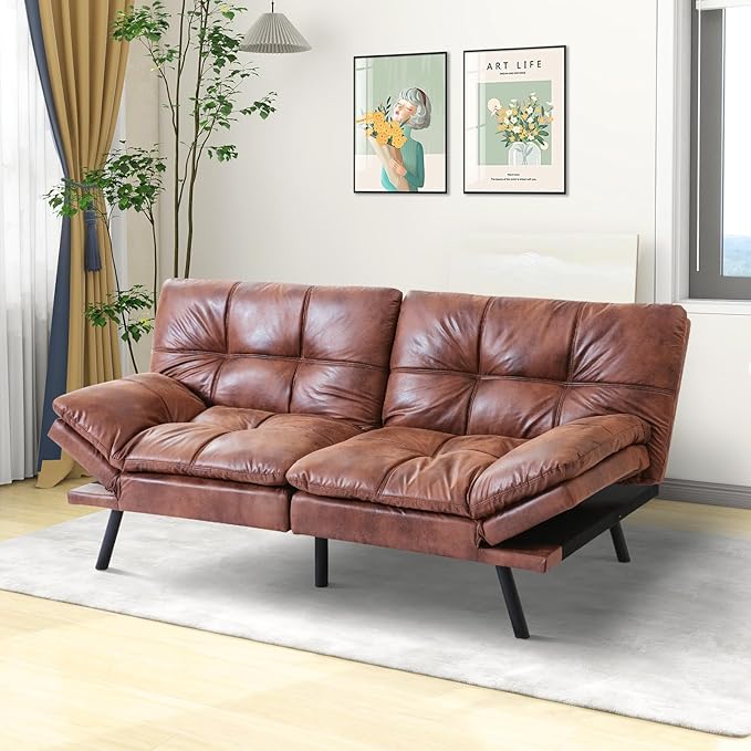 MUUEGM Futon Sofa Bed 71 Convertible Adjustable Backrest Armrests Memory Foam Couch Bed Modern Faux Leather Futon Sleeper Couch Loveseat for Living RoomOfficeApartmentSmall SpaceDark Brown