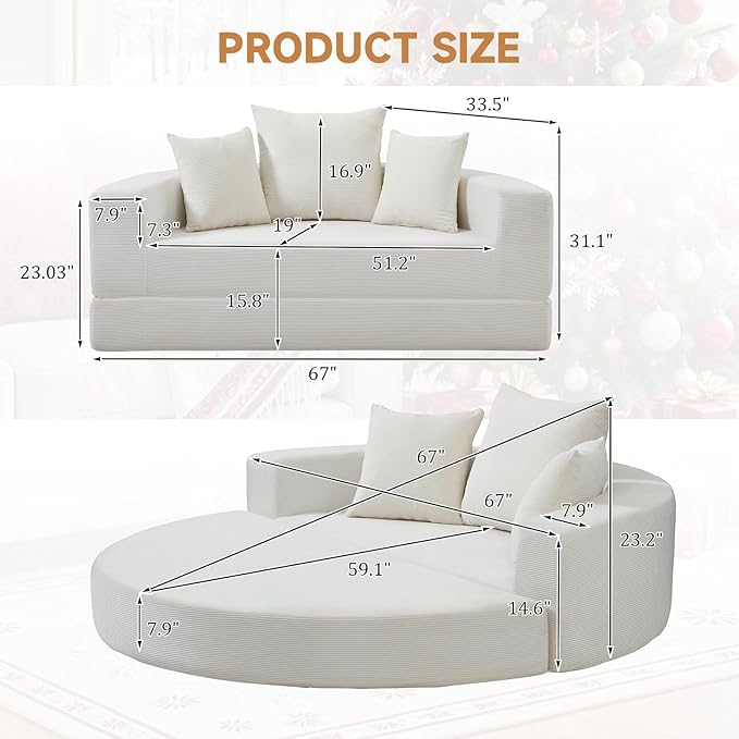 Curved Convertible Futon Sleeper Sofa Bed 67 Boneless Couch with Pull-Out Bed Corduroy Foldable Floor Mattress for Living Room No Assembly Required Round Beige