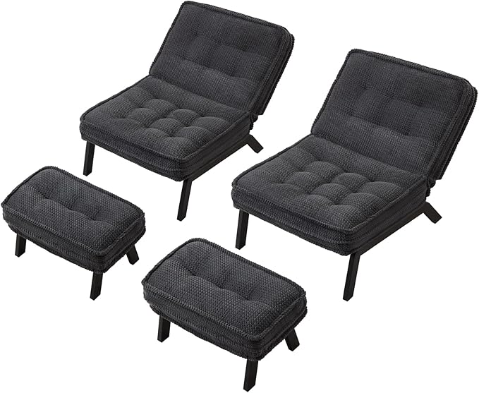 ANJ 3-Position Adjustable Accent Floor Chair Set of 2 with Ottoman Ergonomic Stable Lounge Chairs for Adults Thick Cushioned Comfy Reading Chair with Footrest for Living Room Bedroom Black