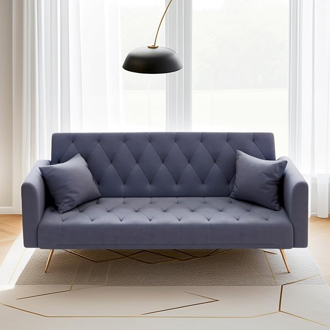 72Modern Velvet Sofa Bed FutonConvertible Folding Sleeper Bed Couches with 3 Adjustable BackrestsTufted Recliner Loveseat with Golden Chrome Legs for Small Living Room Office (Dark Grey+pillows)