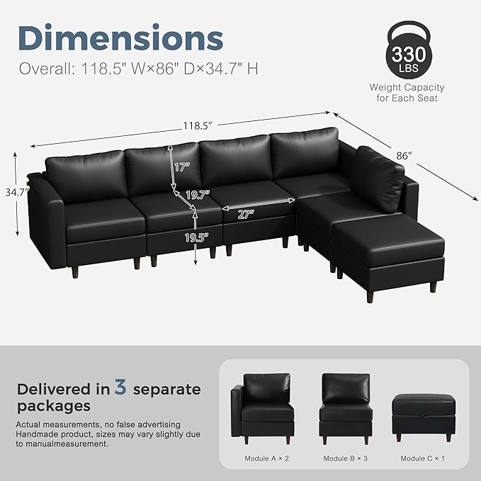 ABCASA 118.5 Faux Leather Modular Sectional Sofa L Shaped Couch Set for Living Room 6-Seater Comfy Cloud Couches with Movable Storage Ottoman Black